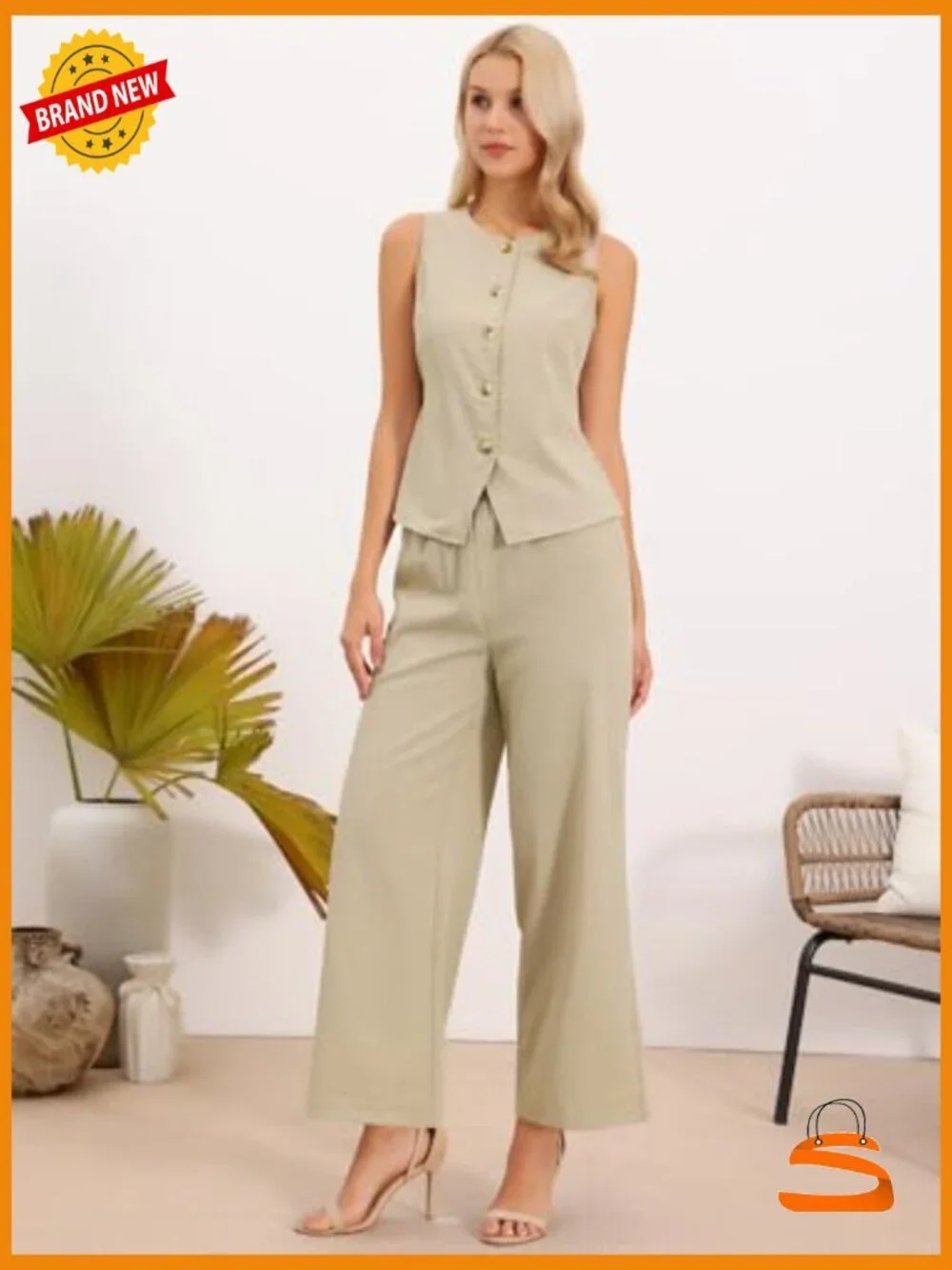 Linen Vest and Wide Leg Pants 2 Piece Outfit Set